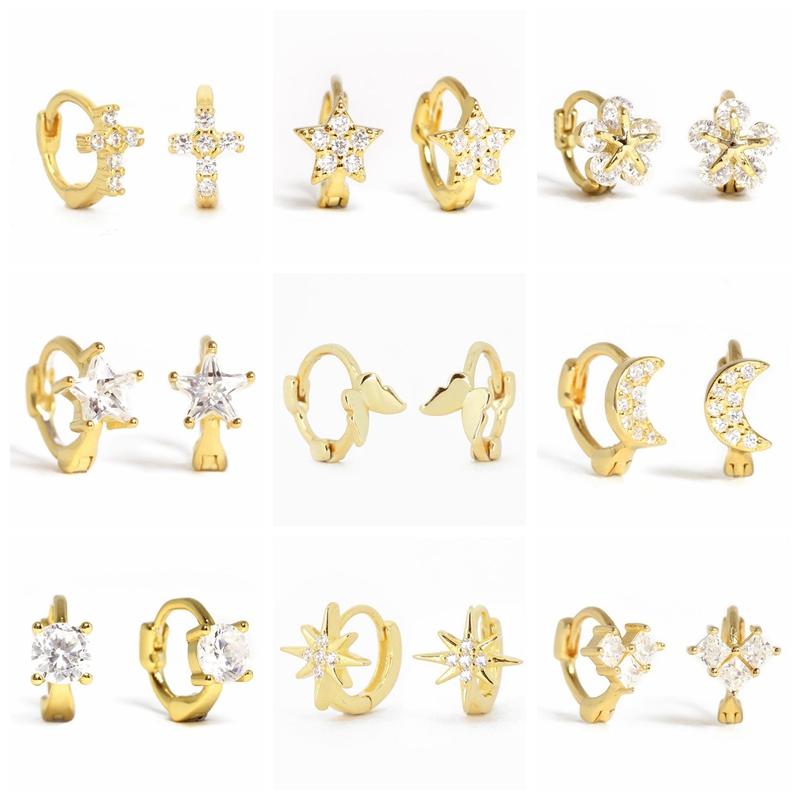 

Hoop Earrings Aide 925 Sterling Silver White CZ Crystal Star Moon Cross Flower Huggie Tiny Circle Second Hole Cartilage &