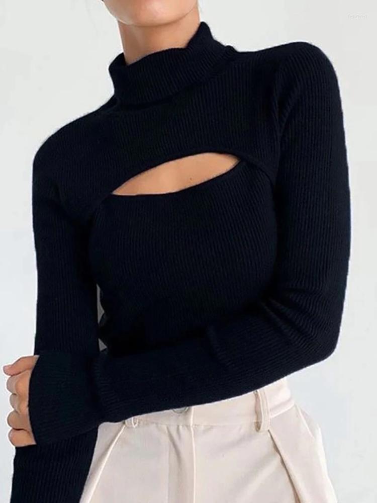 

Women' Sweaters Autumn Fashion Women Knitted Turtleneck Sweater Long Sleeve Hollow Out Sexy Slim Sweatshirt Ladies Solid Color Open-Chested, Beige