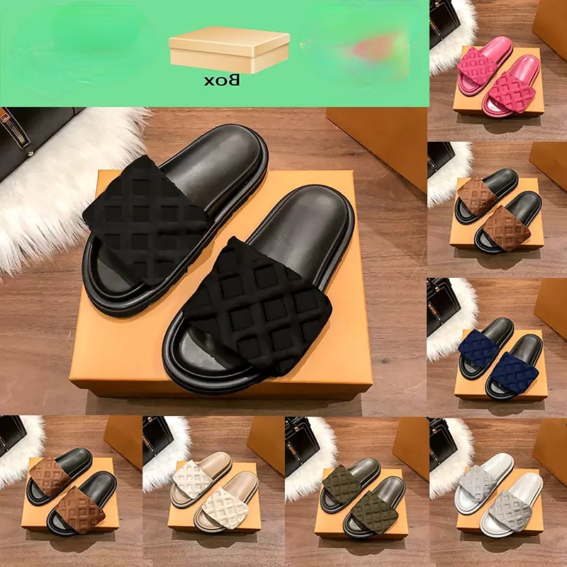 

L Designer slipper with box luxury sandal men women shoes Pool Pillow Comfort Embossed Mules copper triple black pink ivory summer fashion slides beach slippers, 07 cargo khaki