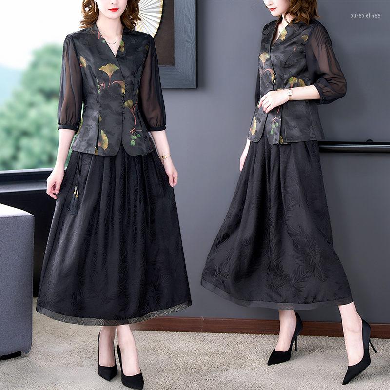 

Work Dresses 2023 Spring And Summer Suit Female High-End Mulberry Silk V-Neck Tops Skirt Jacquard Retro Two Piece Set Elegant Outfit H258, Black