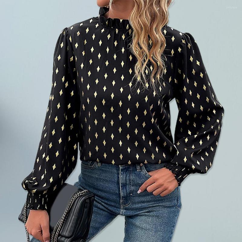 

Women' Blouses Blouse Women Half High Collar Ruffle Trim Lantern Long Sleeve Bronzing Print Shirt Elegant Top For Streetwear, Black