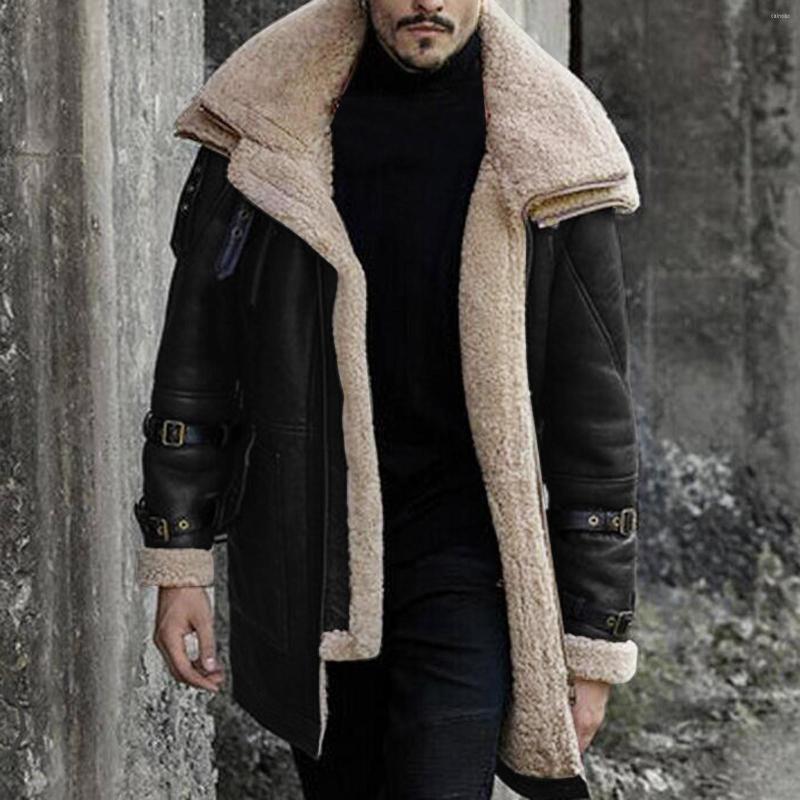 

Men' Jackets Men Winter Coat Lapel Collar Long Sleeve Padded Leather Jacket Vintage Thicken Sheepskin Light, Black