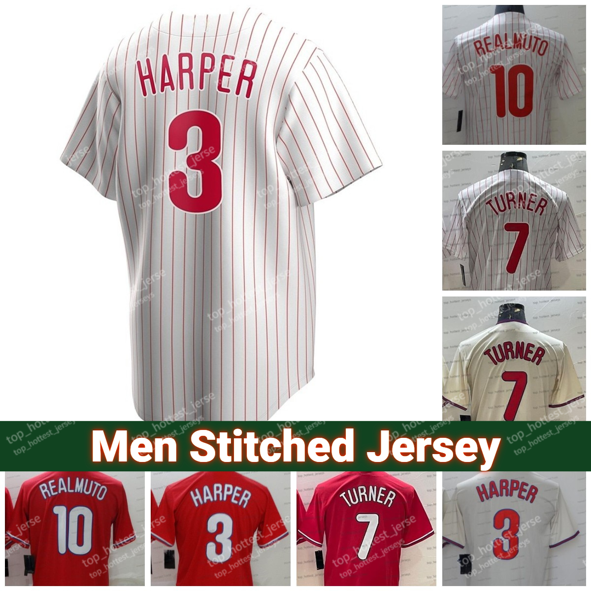 New 7 Trea Turner Jersey Bryce JT Realmuto Harper White Red Cream Mens Stitched Jerseys Size S-XXXL-image-767375965