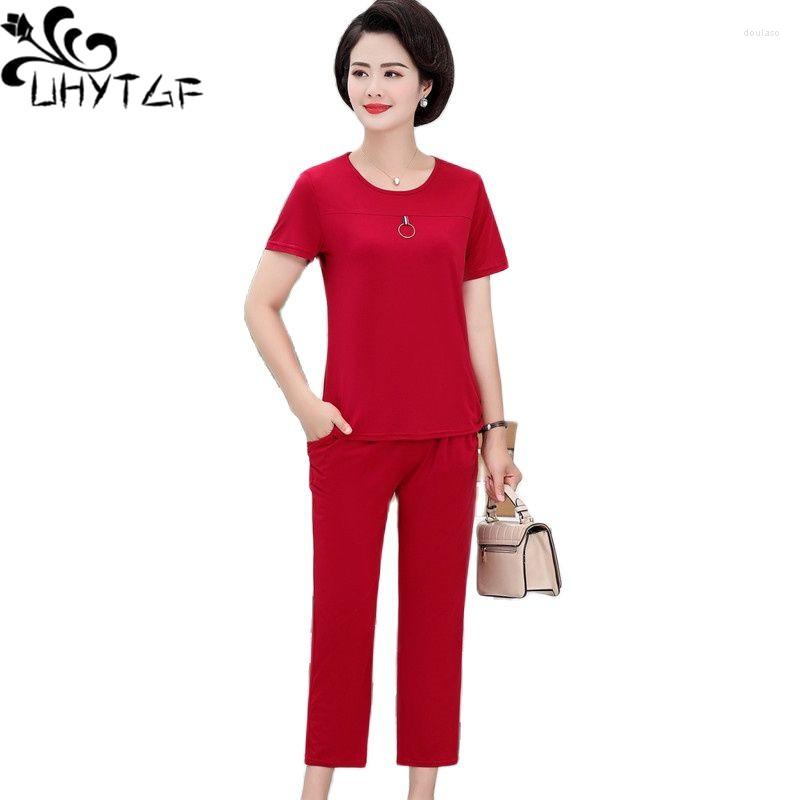 

Women's Two Piece Pants UHYTGF Women Suit Short Sleeve Pullover T-Shirt Top Casual Female Thin Set Mother 5XL Loose Size Sportswear2353, Red