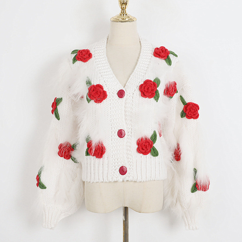 

Women' Knits Tees 2023 spring Retro White Embroidery Flower Crop Cardigan Woman V neck Full Sleeve Knitted Sweater 230220
