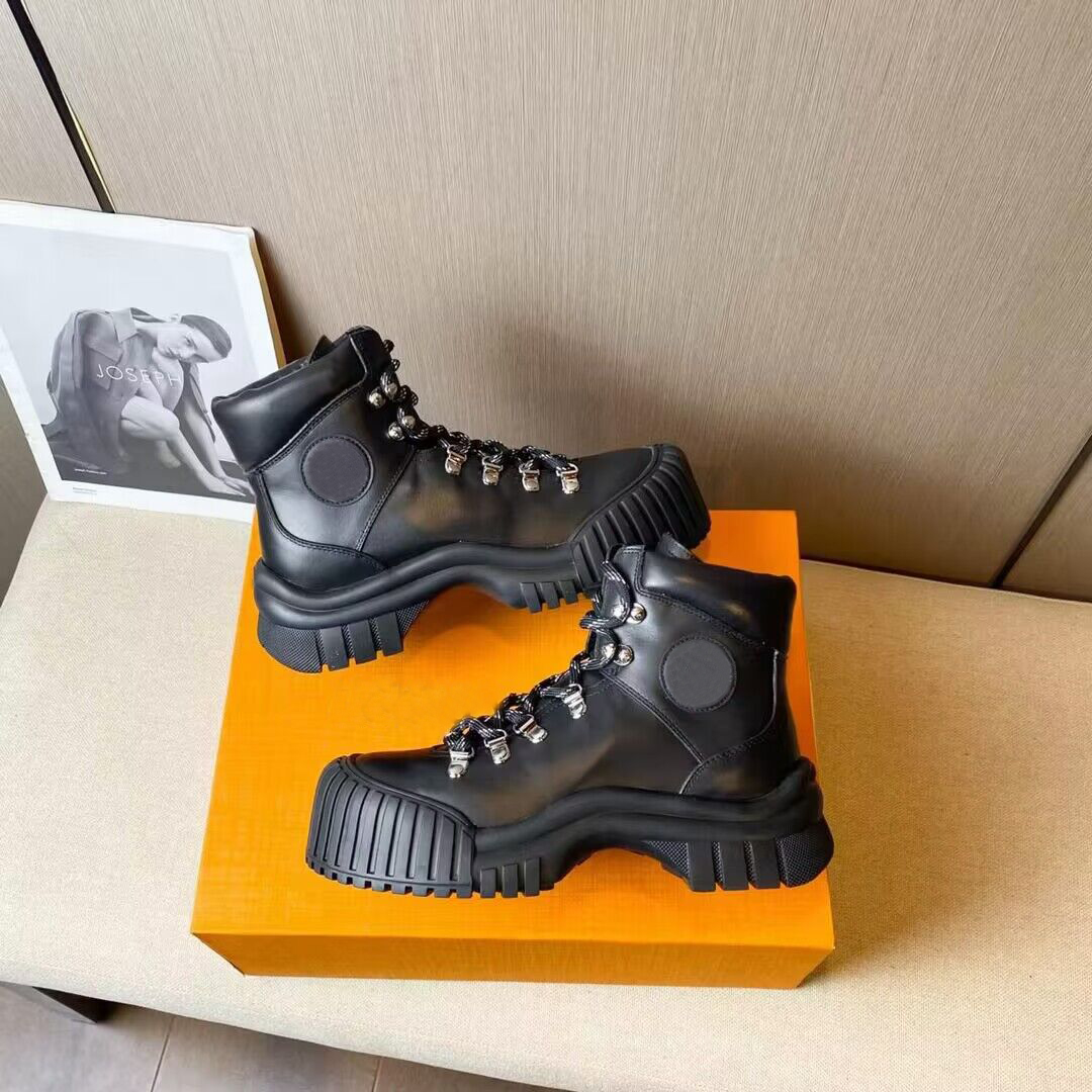 

High quality womens boots short boots autumn and winter new style, one-footed letter lace-up classic womens leather fashion anti-slip trend luxury designer size 34-41, Black 14