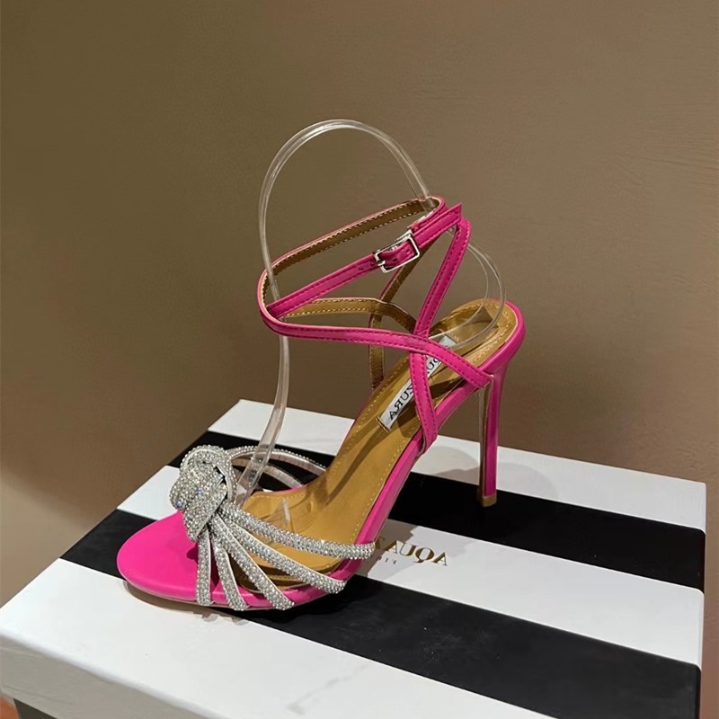 

Aquazzura 10cm Luxury Designer high heeled sandals womens Bow Dress shoes Crystal Embellished rhinestone stiletto Heel ankle strap Evening shoe35--41size, Whiteshoe box