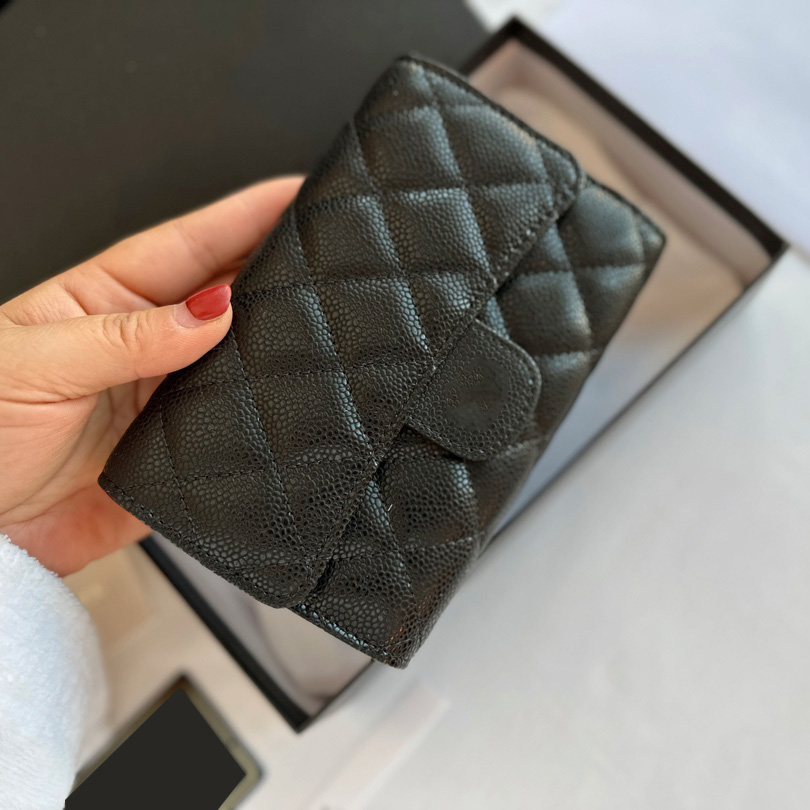 

Womens Caviar Leather Long Trifold Wallet Card Holder Coin Calfskin Purse Lare Capacity Classic Mini Flap Diamond Lattice Black Pouch 15.5X9.5CM Gold Metal Hardware