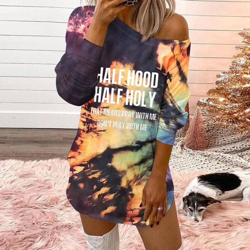 

Casual Dresses Women's O-neck Color-blocking Print Long-sleeved Tie-dye Color Block Dress, Yellow