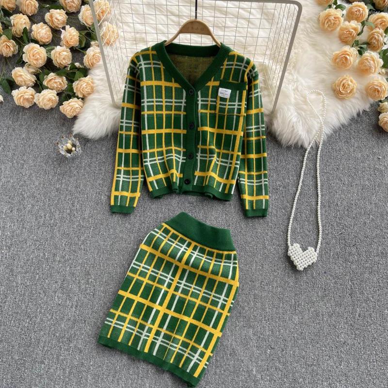 

Work Dresses 2023 Lady Celebrity Elegant 2 Piece Sets Retro Contrast Color Plaid Knitted Cardigan High Waist Sexy Hip Skirt Suit Outfits, Green