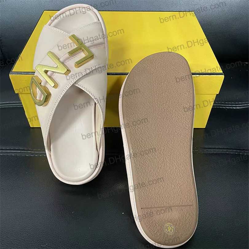 

Premium Quality Brand Leather Women's Slippers Sandals with Metal Letters for Women Summer Slides 3Colors EU35-40, White