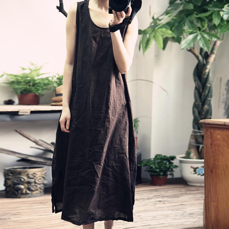 

Casual Dresses Johnature Women Tank Dress 2023 Spring Summer Loose 0-Neck Sleeveless Cotton 5 Colour Vintage Beach Style, Black