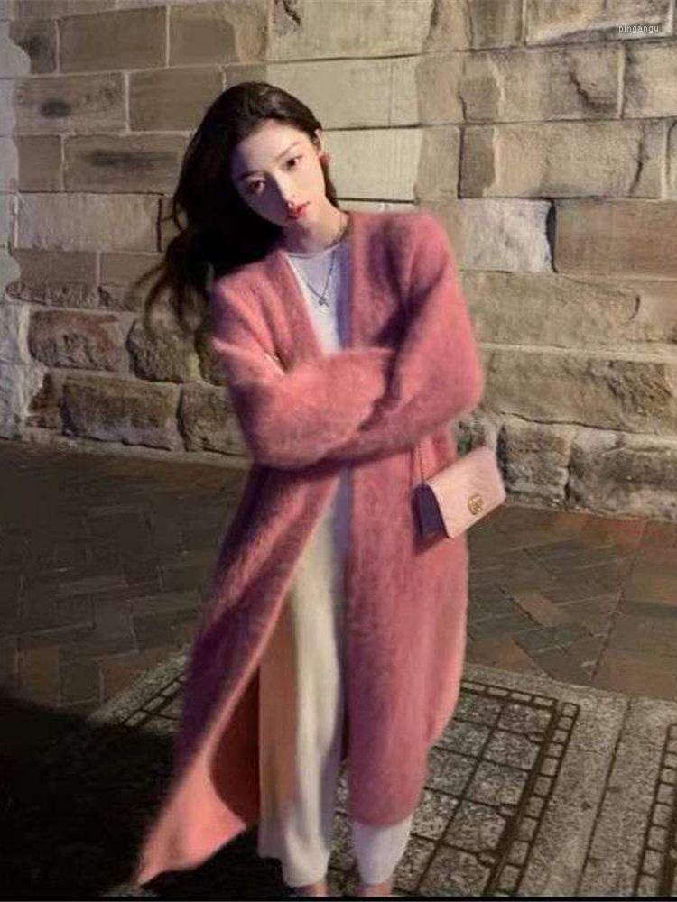 

Women' Knits Korean Autumn Winter Mink Cashmere Sweater Women Casual Loose Long Cardigan Knitted Jacket Fashion Solid Color Fur Coat, Pink