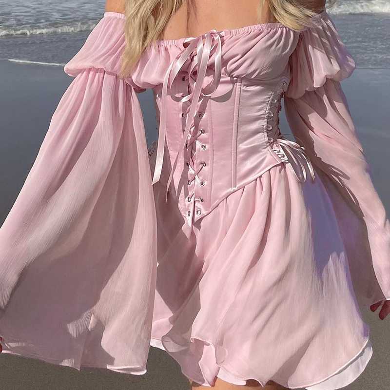 

Casual Dresses Fairy Pink Chiffon Mini Dress Chic Women Bandage Corset Vintage Long Puff Sleeve Sundress Slash Neck Bridesmaid Bodycon Beach L230217, Pink belt