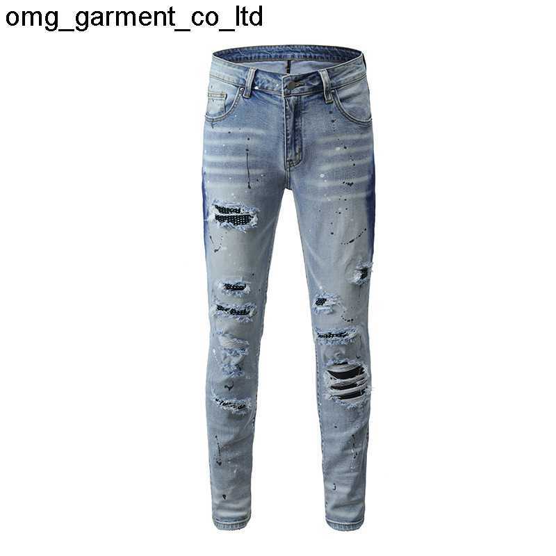 

new men's single light blue ripped designer jeans men's patch slim elastic tight denim jeans amirly pants, Picture