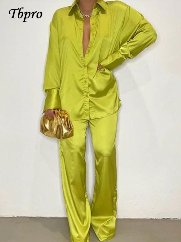 

Womens Two Piece Pants Womens Elegant Satin Trousers Set Female Long Sleeve Shirt And Wide Leg Straight Pants Sleepwear 2Piece Set Summer Outfits 230220, Blue