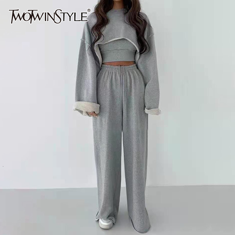 Womens Two Piece Pants TWOTWINSTYLE White Three Piece Set For Women O Neck Long Sleeve Tops Sleeveless Vest Wide Leg Pants Female Casual Sets 230220