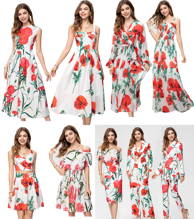 

Womens Two Pieces Dress Lady Fashion Spring Summer Floral Printed Long Dresses Woman Suit Sets Slim Desgin Elegant Shape Sun Dresses, Extra shipping cost