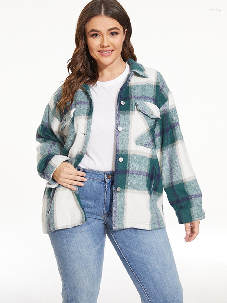 

Women's Jackets Vangull Casual Woolen Plaid Jacket Women Long Sleeve Loose Oversize Coat Female Single Breasted Thick Wool Lady Overcoat, Green plaid