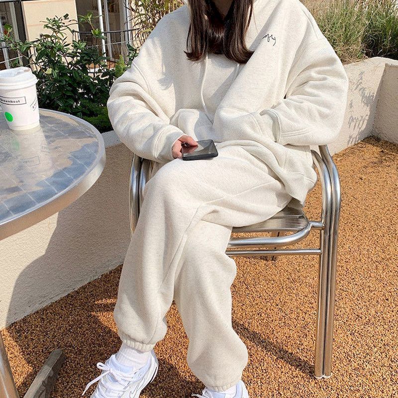 

Women s Hoodies Sweatshirts Cotton Casual Sports Suit Suit Autumn Winter Korean Loose And Sweatpants Two Piece Sets Hooded Trend 230217, White sets thin