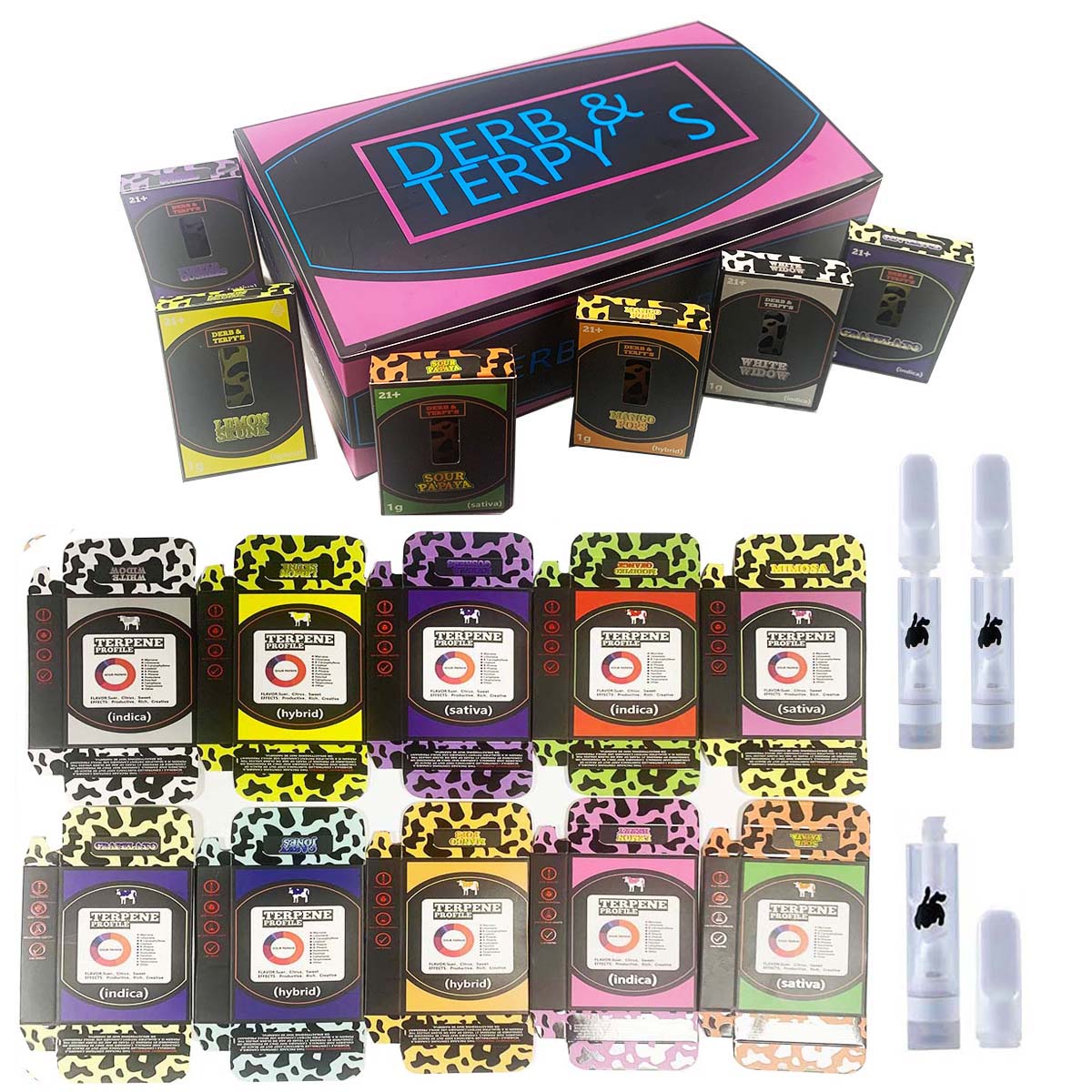 

Sample DERB and TERPYS Full Ceramic Vape Cartridges Atomizers 1.0ml Empty Tank Press in tips 510 Thread thick oil Vaporizer with display box 10 flavors