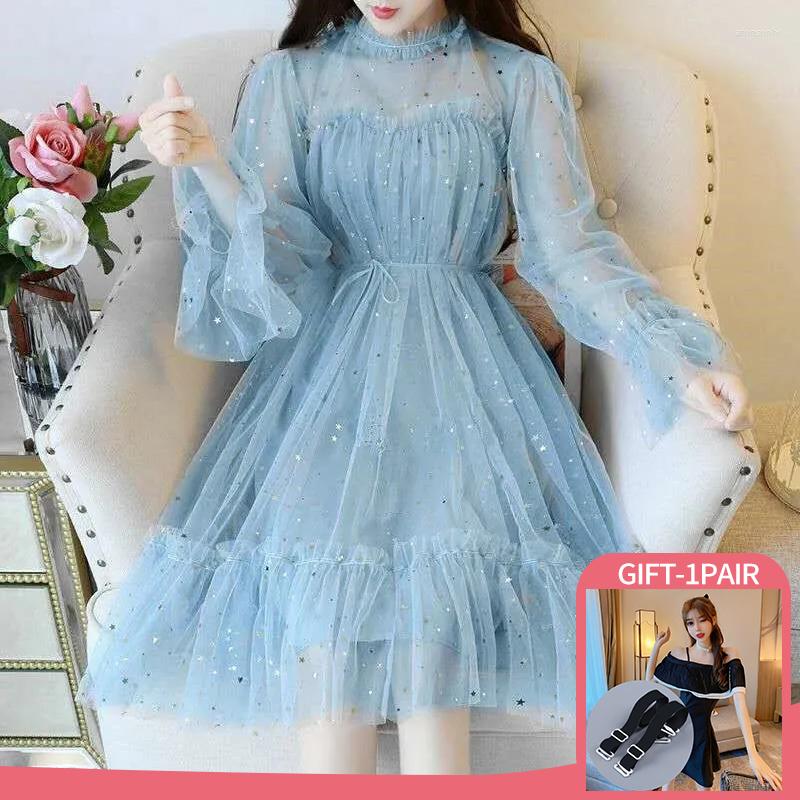 

Casual Dresses Princess Fairy Sequins Dress Summer Women Mesh Lady Temperament Lace Long Sleeve High Waist Pentagram Decorate, Purple short sleeve