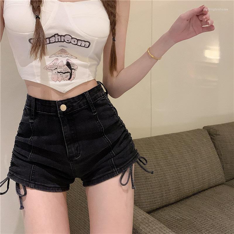 

Women's Shorts Denim Women Summer High Waisted Jeans Y2k Drawstring Thin Straps Wide Leg Pants Trousers, Deep blue