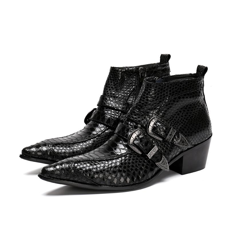 

Men Boots Luxury Italy Type 6.5CM Black Pointed Toe 100% Handmade Brand Leather with Buckle Ziper Ankle Size 38-46