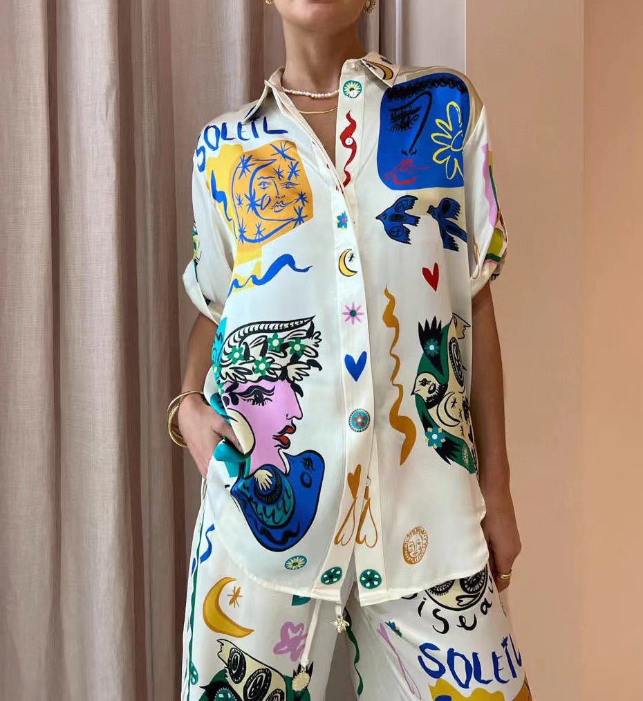 

australian designer Women's Blouses & Shirts abstract pattern short-sleeved silk shirt, Ivory