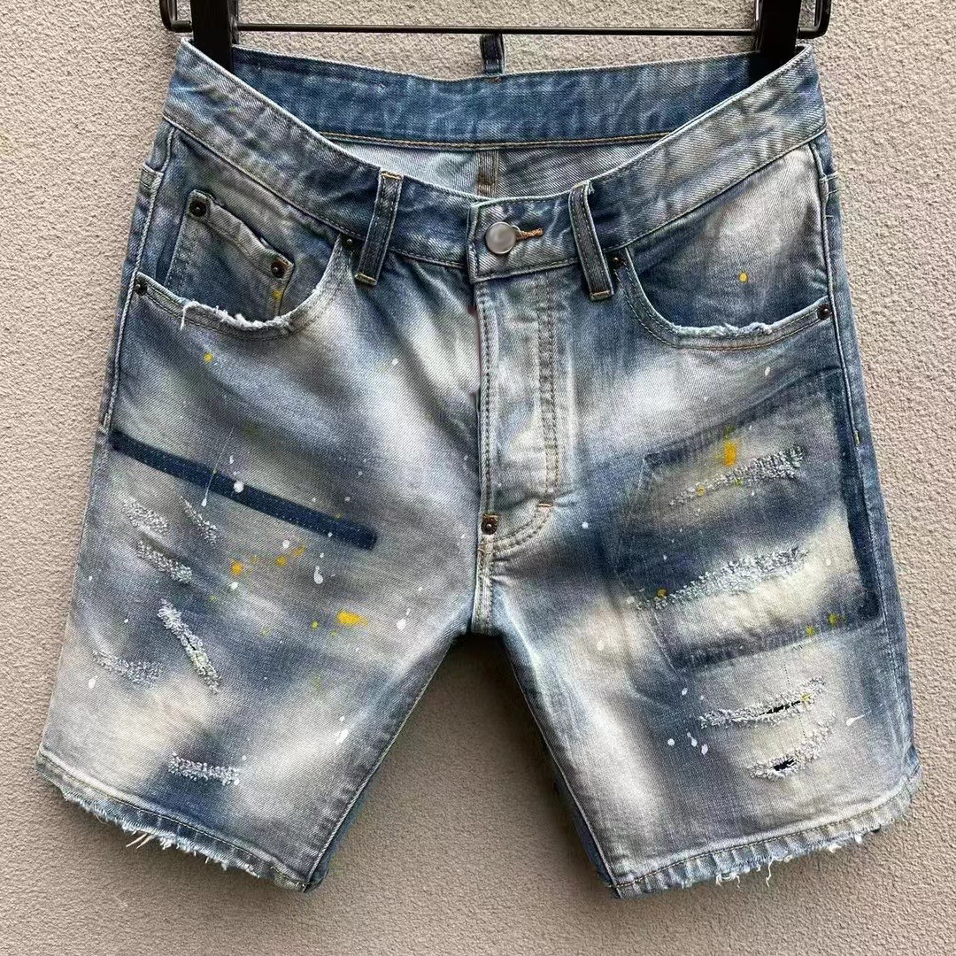 

mens jeans straight short jeans holes tight denim pants casual Night club blue Cotton summer italy style, D9123