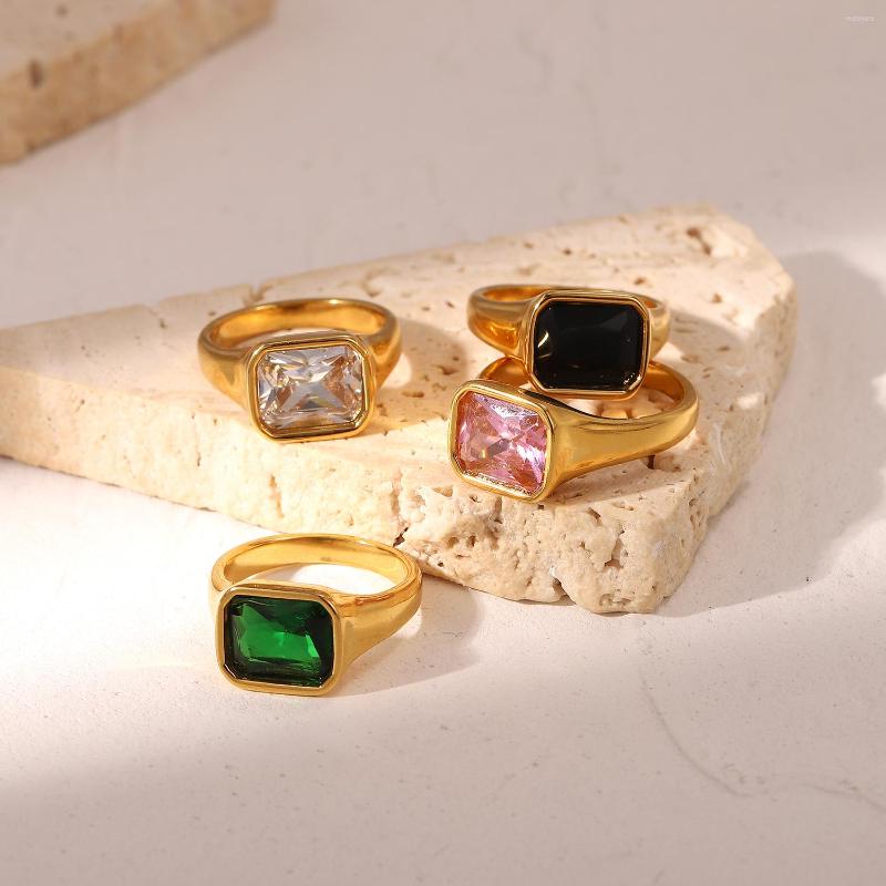 

Cluster Rings Glossy Square Stainless Steel Ring 18k Gold PVD Plating Waterproof Finger Jewelry Colorful CZ Stone Zircon For Women