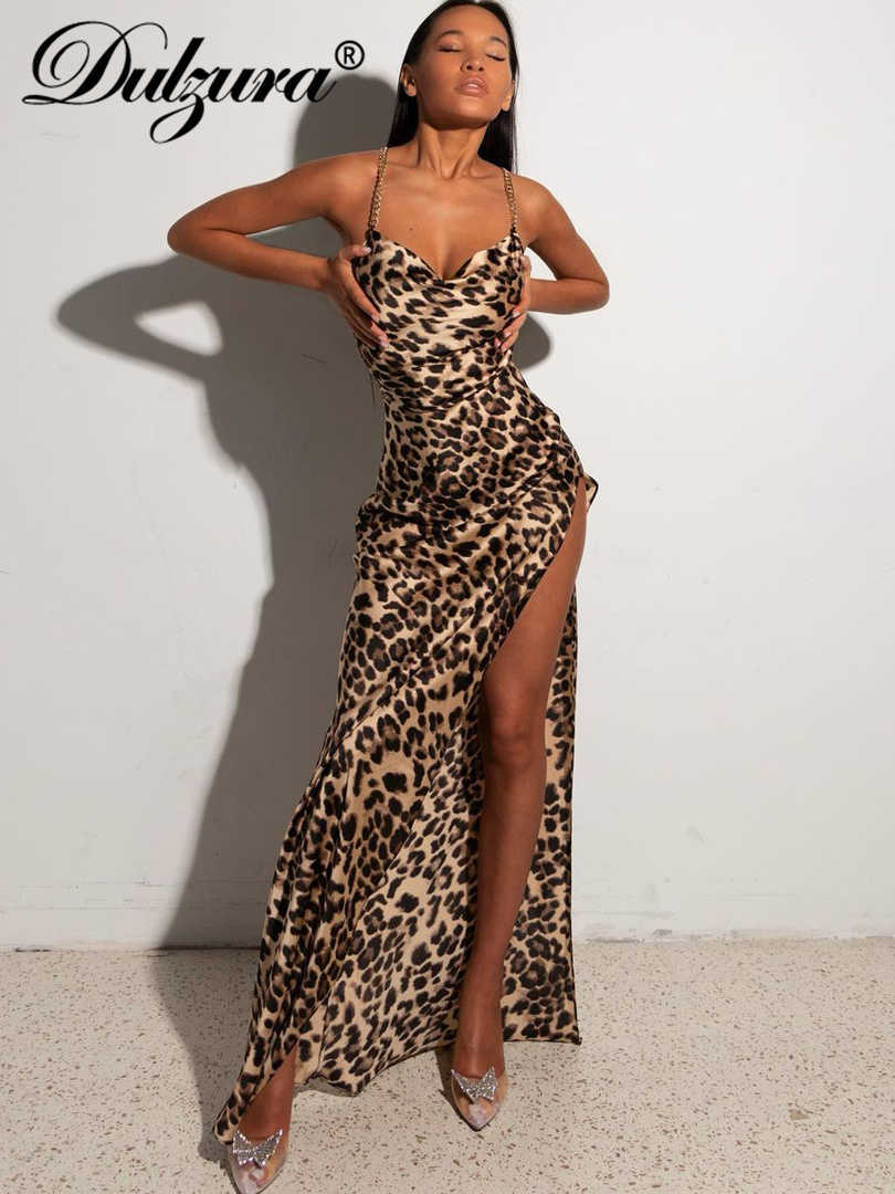 

Casual Dresses Dulzura Leopard Print Women Chain Strap Side Slit Maxi Dress Backless Bodycon Sexy Streetwear Festival 2022 Evening Elegant L230217, Leopard7