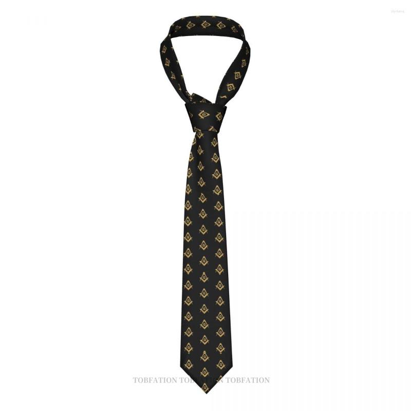 

Bow Ties Pattern Black Masonic Print Freemason Gold Square Compass Casual Unisex Neck Tie Daily Wear Narrow Striped Slim Cravat