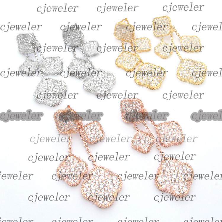 

Charm stud earrings Vc letters 4 four-leaf red agate carvings full drill double flower earrings lady Silver 18K Gold Single diamond fritillary womens luxury