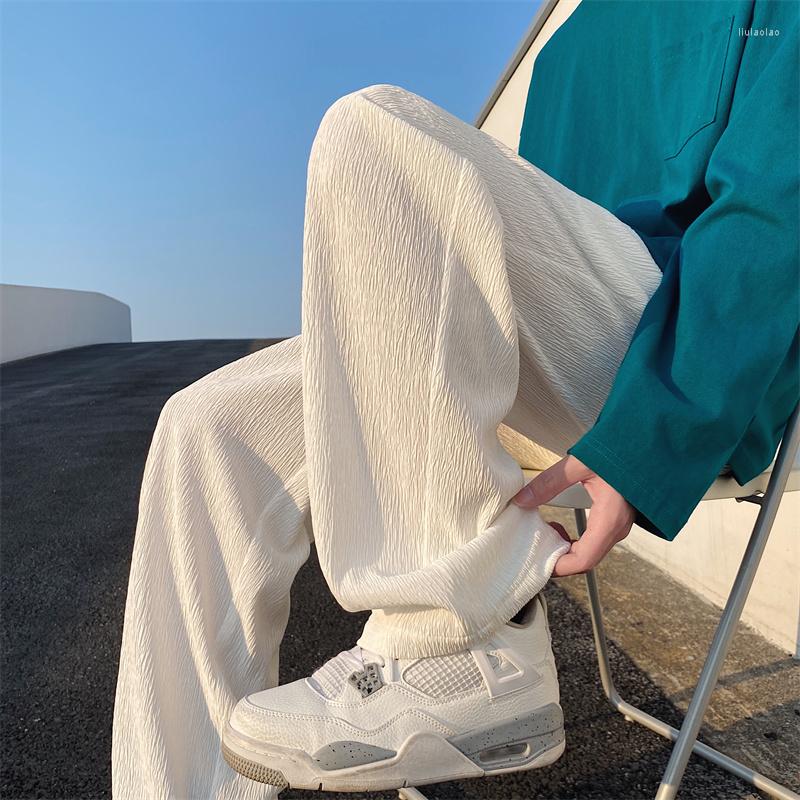 

Men' Pants Summer Pleated Men Fashion Oversized Wide Leg Japanese Streetwear Hip-hop Loose Straight Mens Trousers, Black