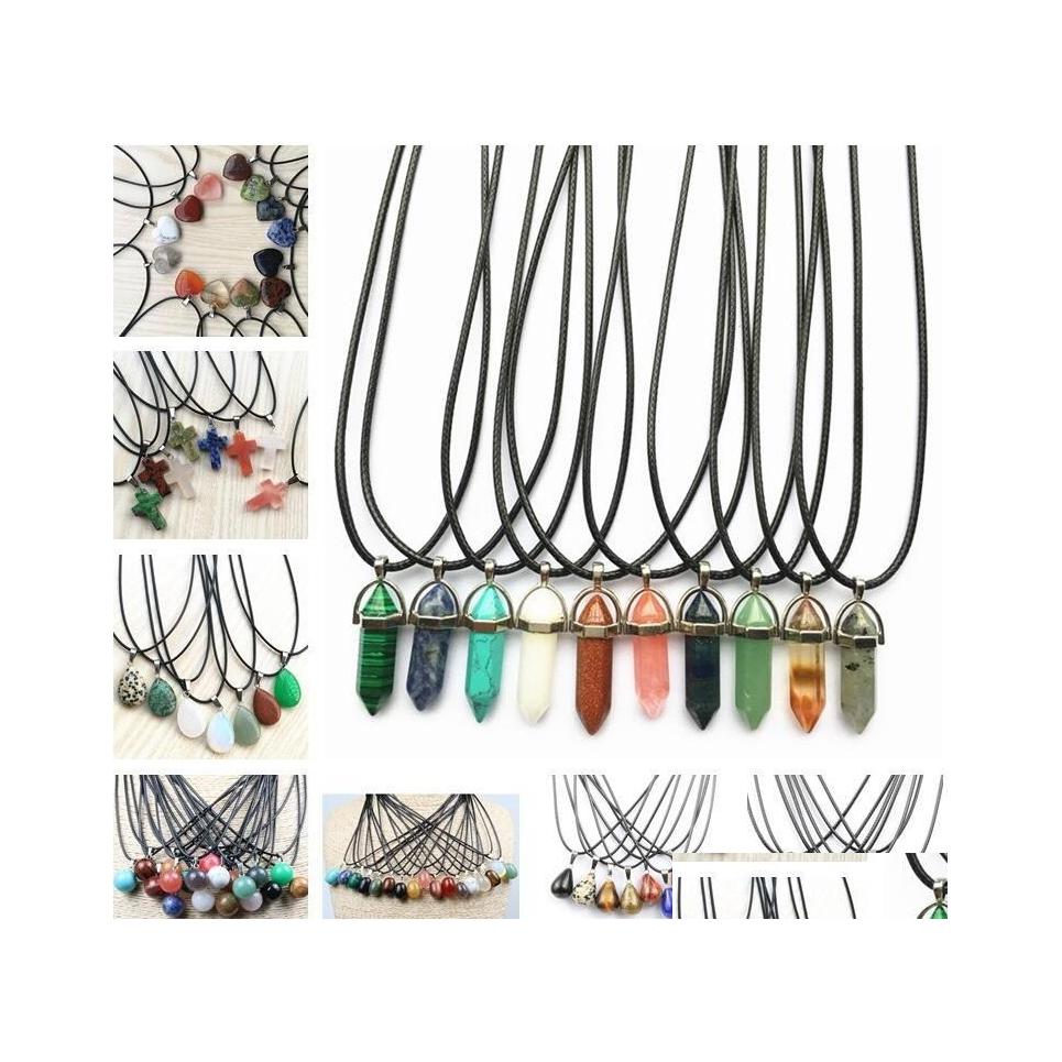 

Pendant Necklaces 8 Styles Natural Stone Crystal Quartz Opal Heart Hexagon Cross Drop Necklace Leather Chains For Men Women Fashion Dh5Vn
