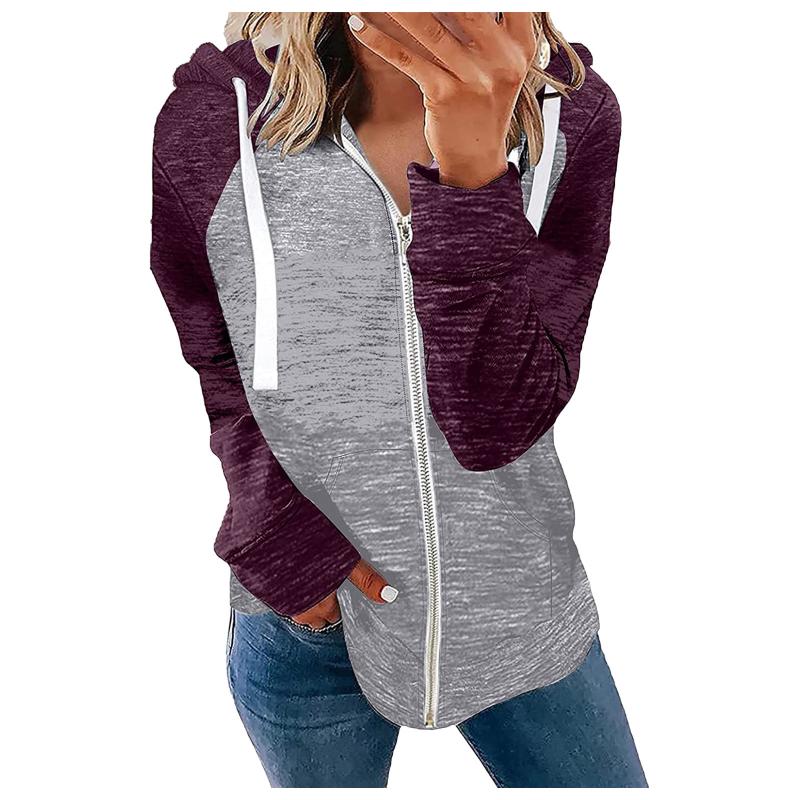 

Women's Jackets Women Casual Stitching Color Long Sleeve Zipper Pocket Hoodie With Drawstring Jacket Sport Home Coat OutwearWomen's, Purple