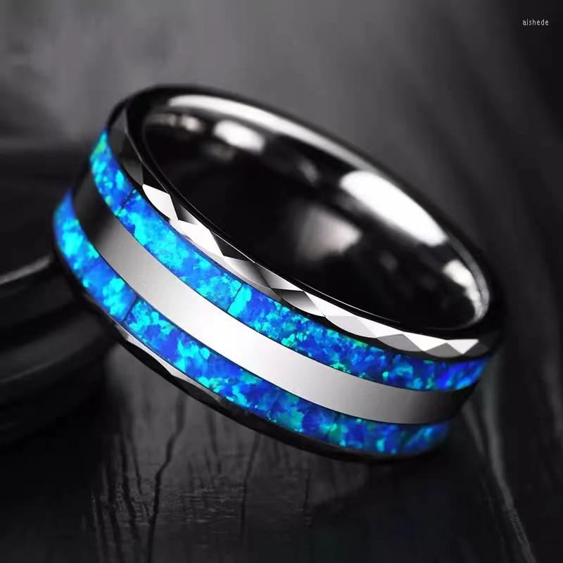 

Wedding Rings 8MM Men's Fashion Silver Color Stainless Steel Ring Double Polished Groove Blue Opal Inlay Engagement For Women