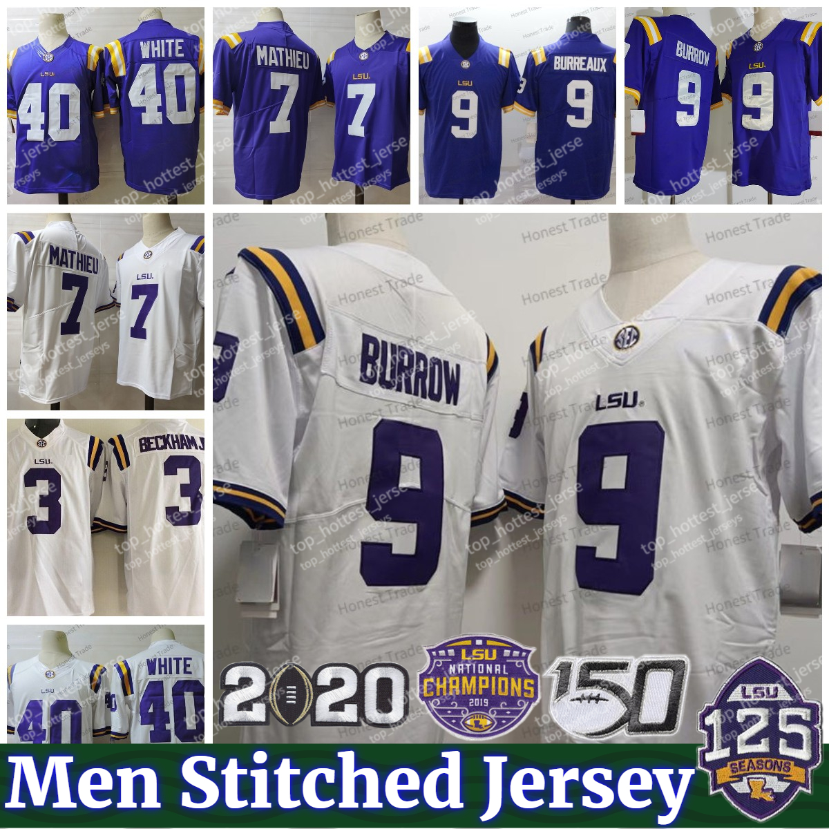 

LSU Tigers 40 White Football Jersey 3 Odell Beckham Jr.9 Burreaux 9 Joe Burrow 2 Justin Jefferson Purple Mens Stitched Jerseys Champions 125th, #9 burrow purple jersey