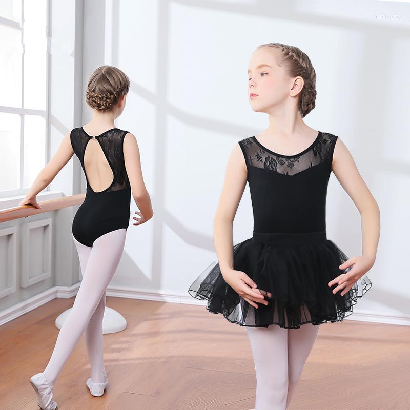 

Stage Wear Ballet Leotard For Girls Arrival Vintage Sweet Lace Dress Children High Quality Short Sleeve Dancing Skirt, Black suit
