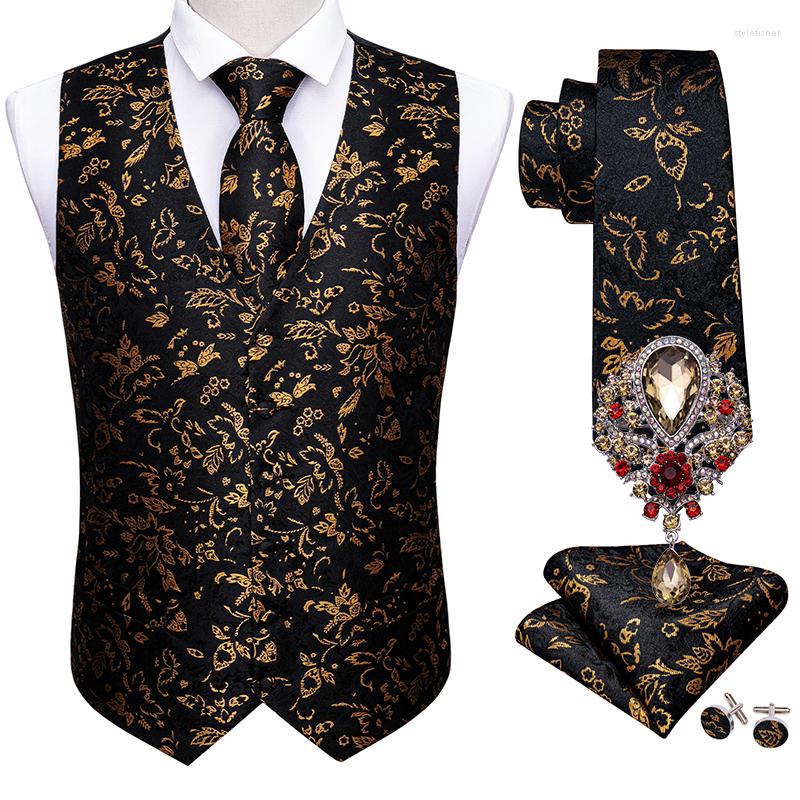 

Men' Vests 5PCS Barry.Wang Gold Floral Wedding Vest For Men Suit Silk Necktie Cufflinks Brooches Set Formal Business Waistcoat, Picture shown