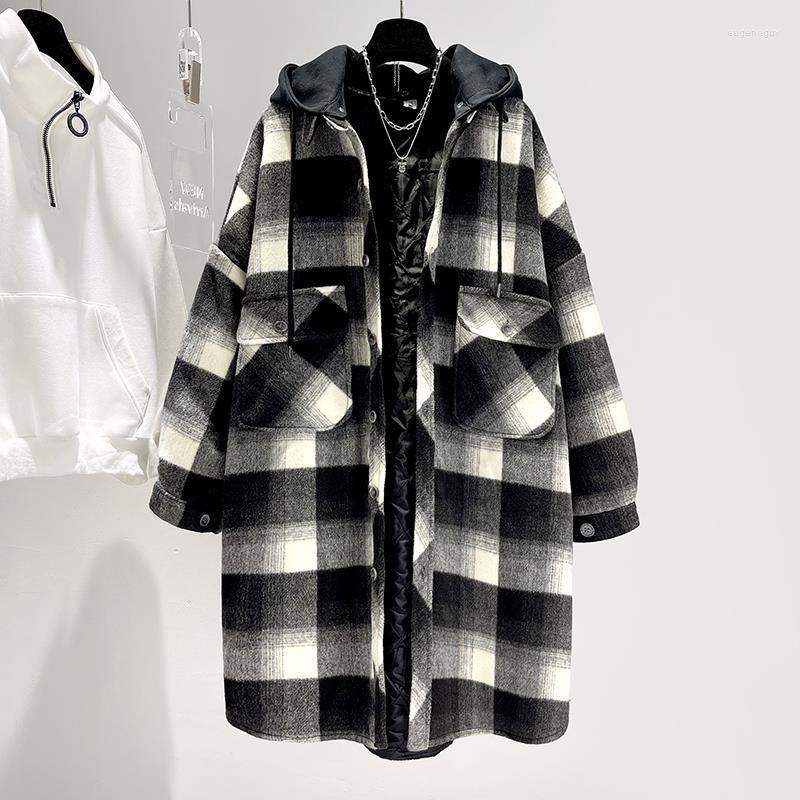 

Women' Jackets Vintage Plaid Hooded Long Jacket Women Thick Warm Woolen Coats Autumn Korean Style Double Pocket Casual Cardigan Outwear, Black