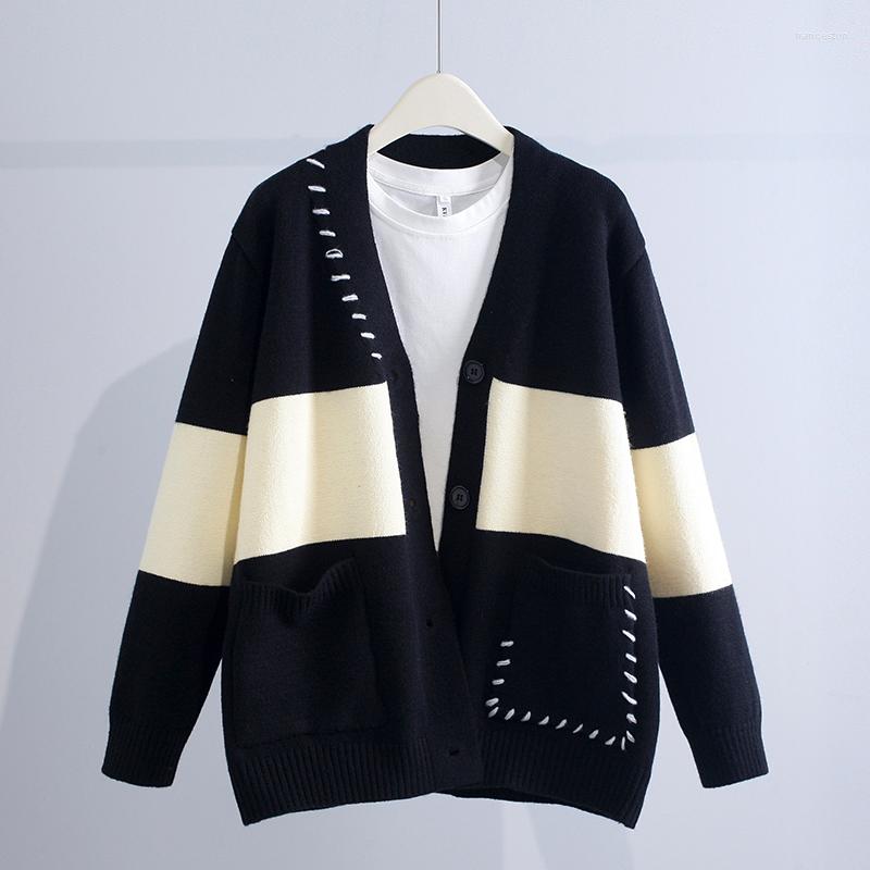 

Women's Knits Long White And Black Knitted Women Sweater Cardigan Autumn Loose Thicken Warm Pocket Female Outwear Coats Tops