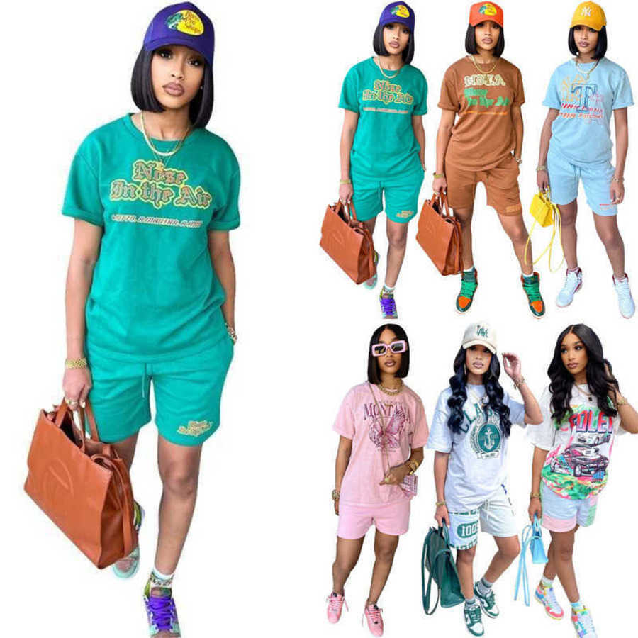 

2023 Designer Womens Tracksuits Summer Sports Outfits 2 Piece Pants Set Letter Printed Short Sleeve T Shirt Shorts Suit, Multicolor