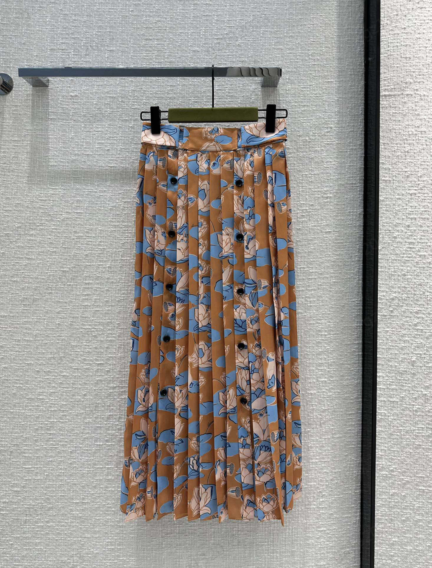 

High Waist Skirts Chinese-style Water Lily Print Skirt Elastic Waist Press Pleated Slit Design Slim Designer Brand Womens Skirt Spring And Summer