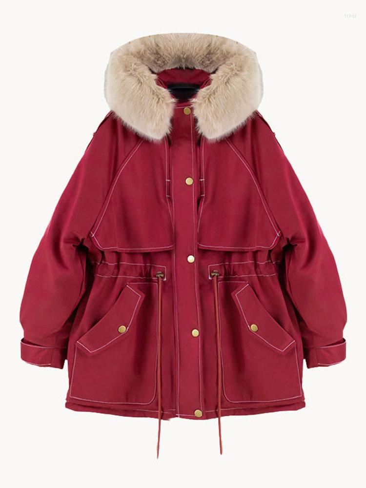 

Women' Trench Coats -4XL 2023 Cotton Padded Hodded Fur Parka Down Drawstring Jacket Women Thick Warm Big Collar Snow Parkas Female, Red