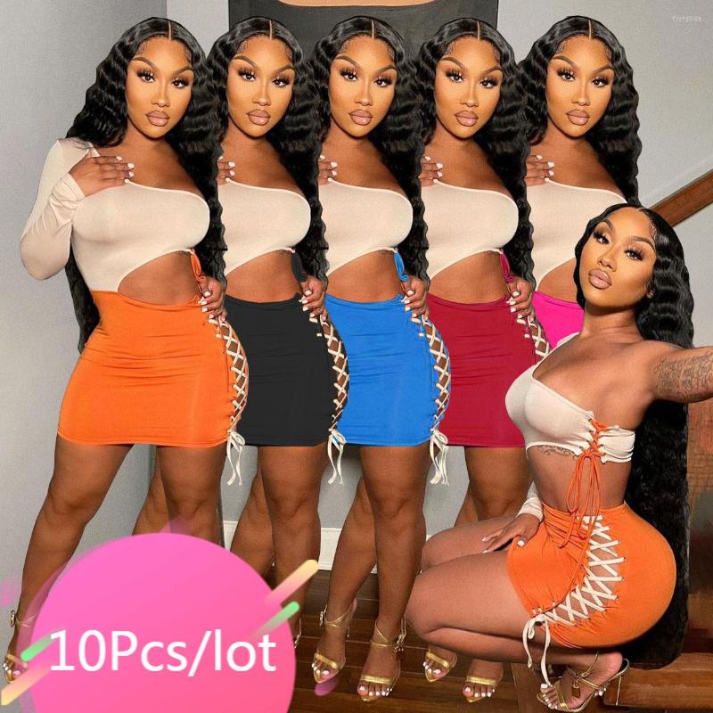 

Casual Dresses Bulk Items Wholesale Lots Sexy One Shoulder Dress Patchwork Hollow Out Bandage Bodycon Party Night Clubwear Clothes For Women, Black