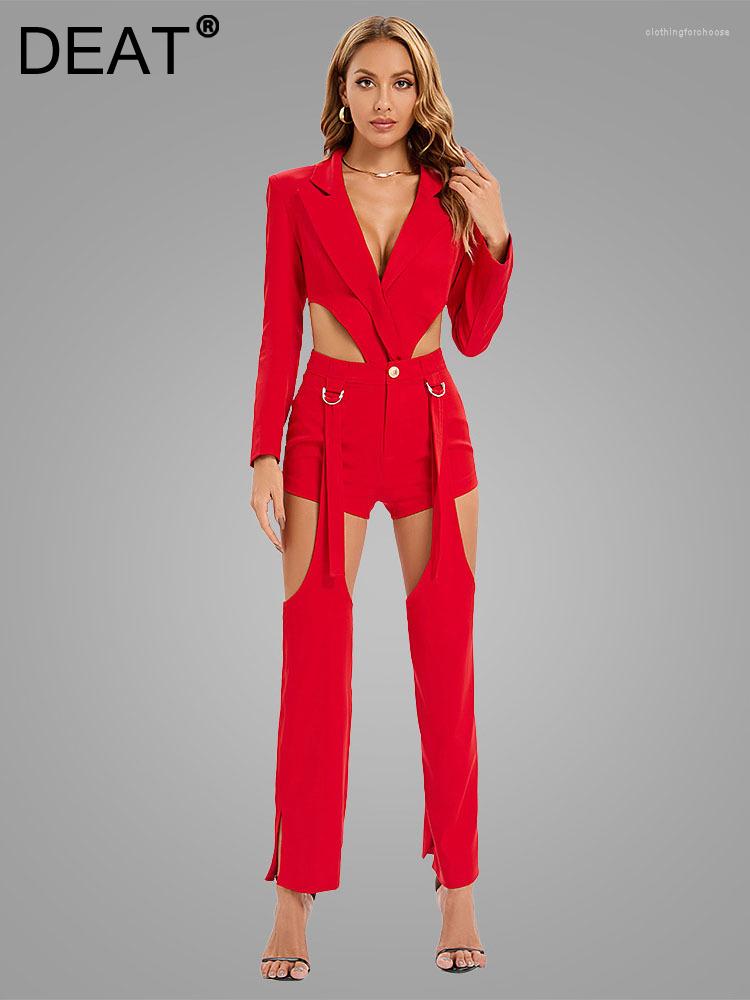 

Women's Two Piece Pants Fashion Women 3 Pcs Set Sexy Hollow Out Backless Blazer High Waist Shorts Adjustable Suits Spring 2023 19J1892, Red