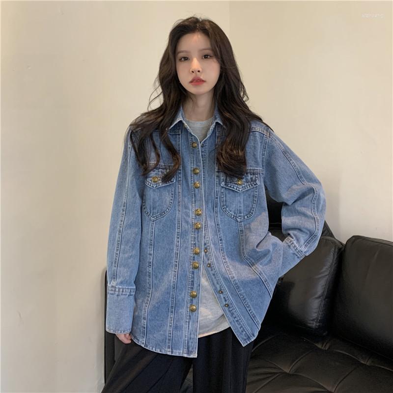 

Women' Jackets 2023 Autumn Cowboy Coat Women Vintage Metal Button Dark Light Slim Shirt Korean Top For Winter, Blue