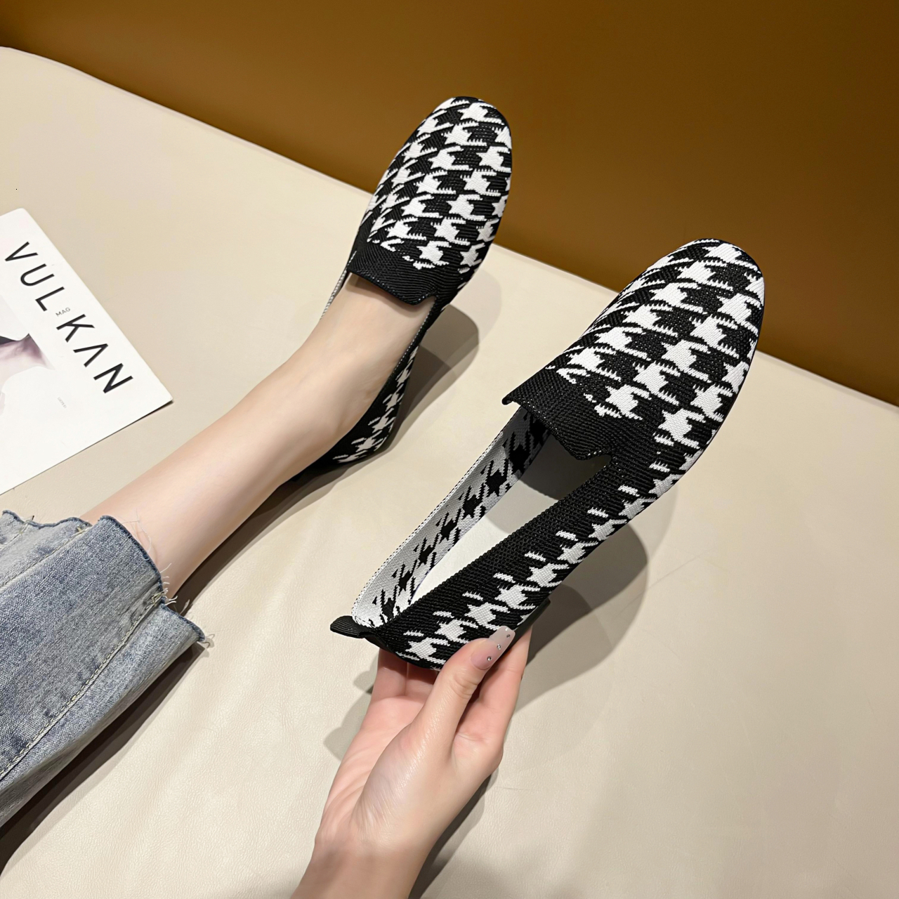 

Dress Shoes Woman Loafers Houndstooth Knitted Slip on Spring Flat Moccasins Ladies Wide Fit Zapatos De Mujer 230220, Black